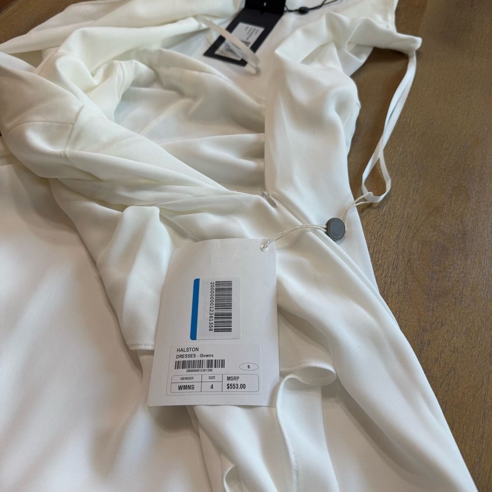 Halston Draped Maxi Dress White‎ Crepe One Shoulder Gown $553 new - Picture 11 of 14